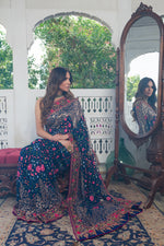 Load image into Gallery viewer, Aafrinish By Niazi Fouzia Aman Navy Blue Gold hand embroidered Kashida Kari Saree Old Havelli kashmiri hand embroidery
