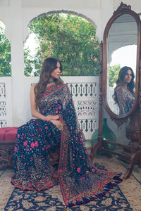 Aafrinish By Niazi Fouzia Aman Navy Blue Gold hand embroidered Kashida Kari Saree Old Havelli kashmiri hand embroidery