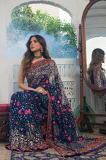 Load image into Gallery viewer, Aafrinish By Niazi Fouzia Aman Navy Blue Gold hand embroidered Kashida Kari Saree Old Havelli kashmiri hand embroidery
