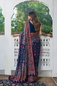 Aafrinish By Niazi Fouzia Aman Navy Blue Gold hand embroidered Kashida Kari Saree Old Havelli kashmiri hand embroidery