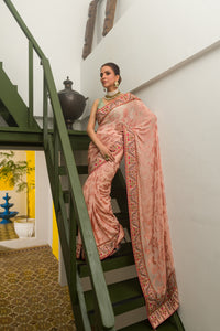 Aafrinish By Niazi Fouzia Aman Tea Pink Sequins hand embroidered Kashida Kari Saree Old Havelli kashmiri hand embroidery