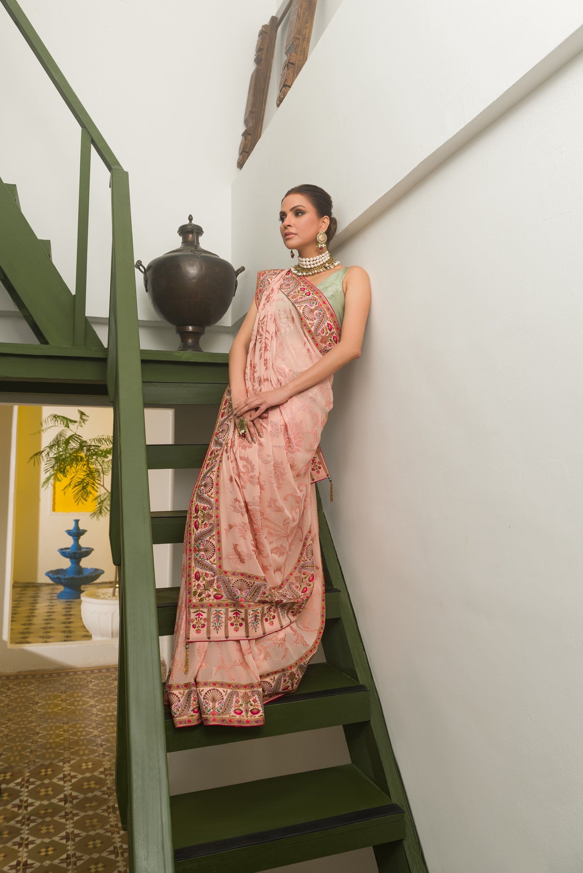 Aafrinish By Niazi Fouzia Aman Tea Pink Sequins hand embroidered Kashida Kari Saree Old Havelli kashmiri hand embroidery