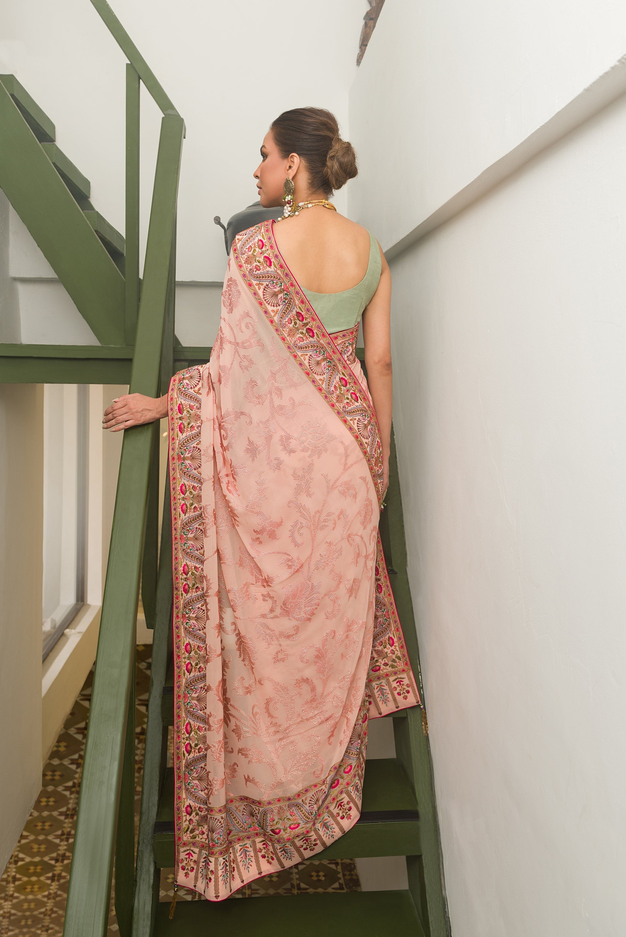 Aafrinish By Niazi Fouzia Aman Tea Pink Sequins hand embroidered Kashida Kari Saree Old Havelli kashmiri hand embroidery