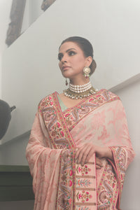 Aafrinish By Niazi Fouzia Aman Tea Pink Sequins hand embroidered Kashida Kari Saree Old Havelli kashmiri hand embroidery