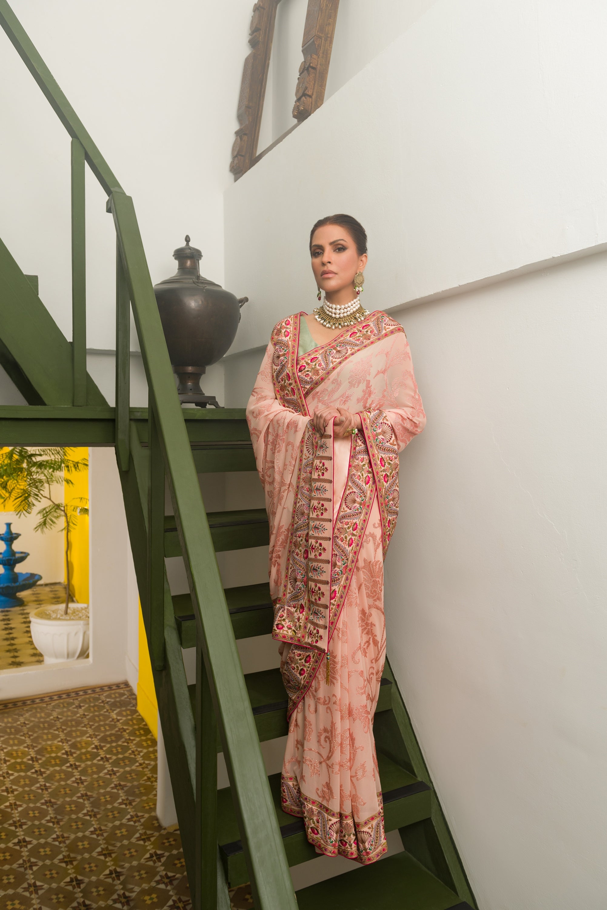 Aafrinish By Niazi Fouzia Aman Tea Pink Sequins hand embroidered Kashida Kari Saree Old Havelli kashmiri hand embroidery