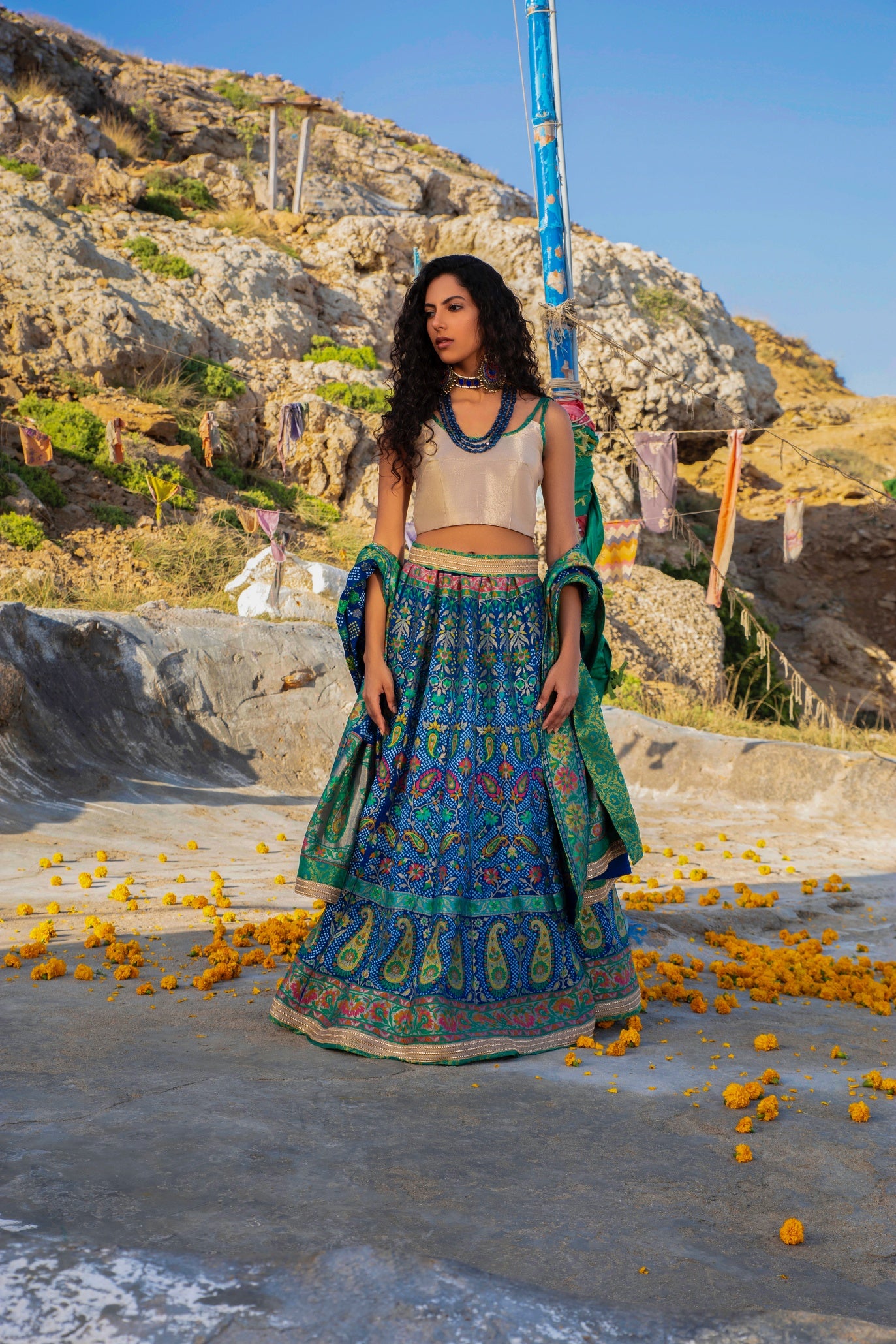 Aafrinish By Niazi Nimra Jacob Blue Lehnga Choli Banrasi Meenakari Mountain Gainda Phul Pakistan Fashion