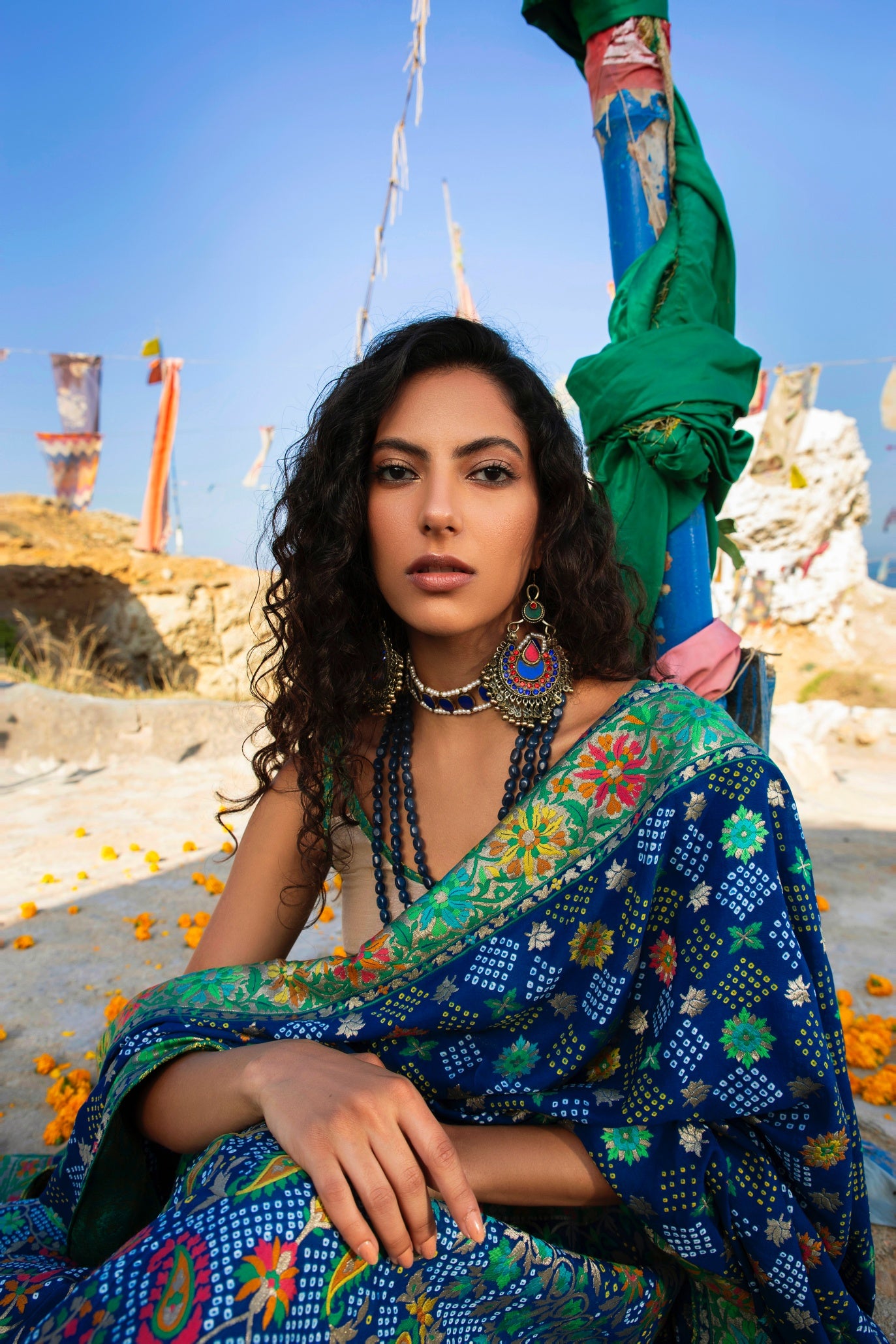 Aafrinish By Niazi Nimra Jacob Blue Lehnga Choli Banrasi Meenakari Mountain Gainda Phul Pakistan Fashion Beach Closeup