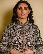 Load image into Gallery viewer, Aamna Ilyas Amna Jacket Embroidery Pakistan Fashion Aafrinish Fine hand embroidery kashmiri Black Jacket Gold Silver Zari Royal Pashmina Peshmina Pitta Tilla 
