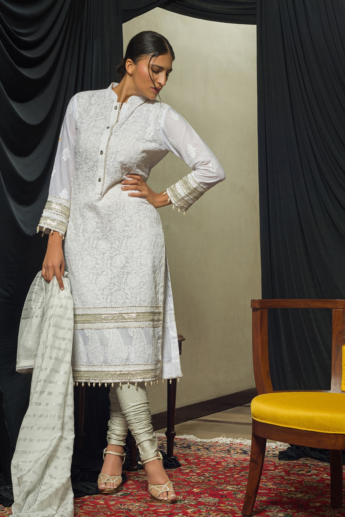 White & Silver Chikankari Kurta & Dupatta