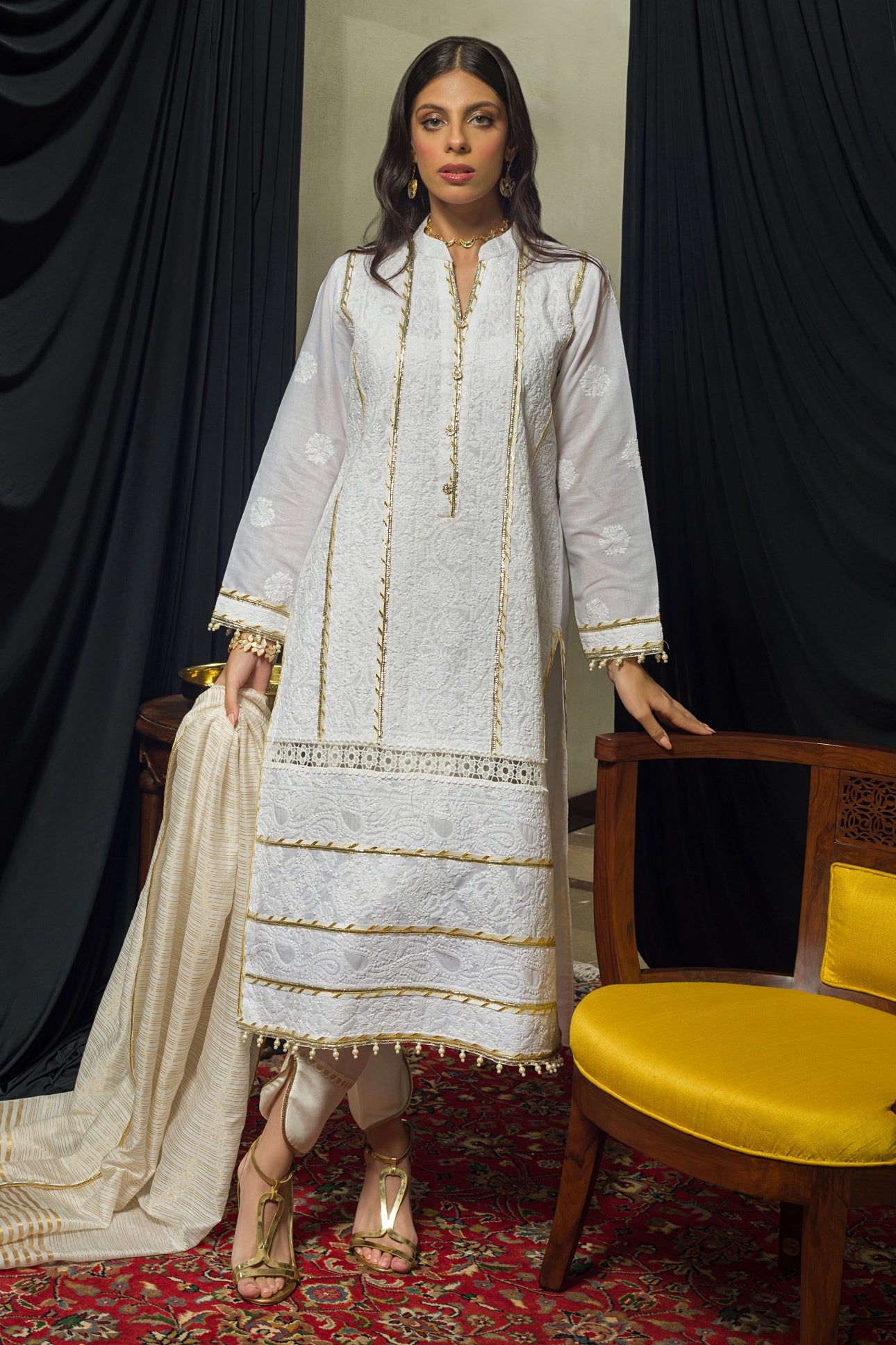 White & Dull Gold Chikankari Kurta & Dupatta