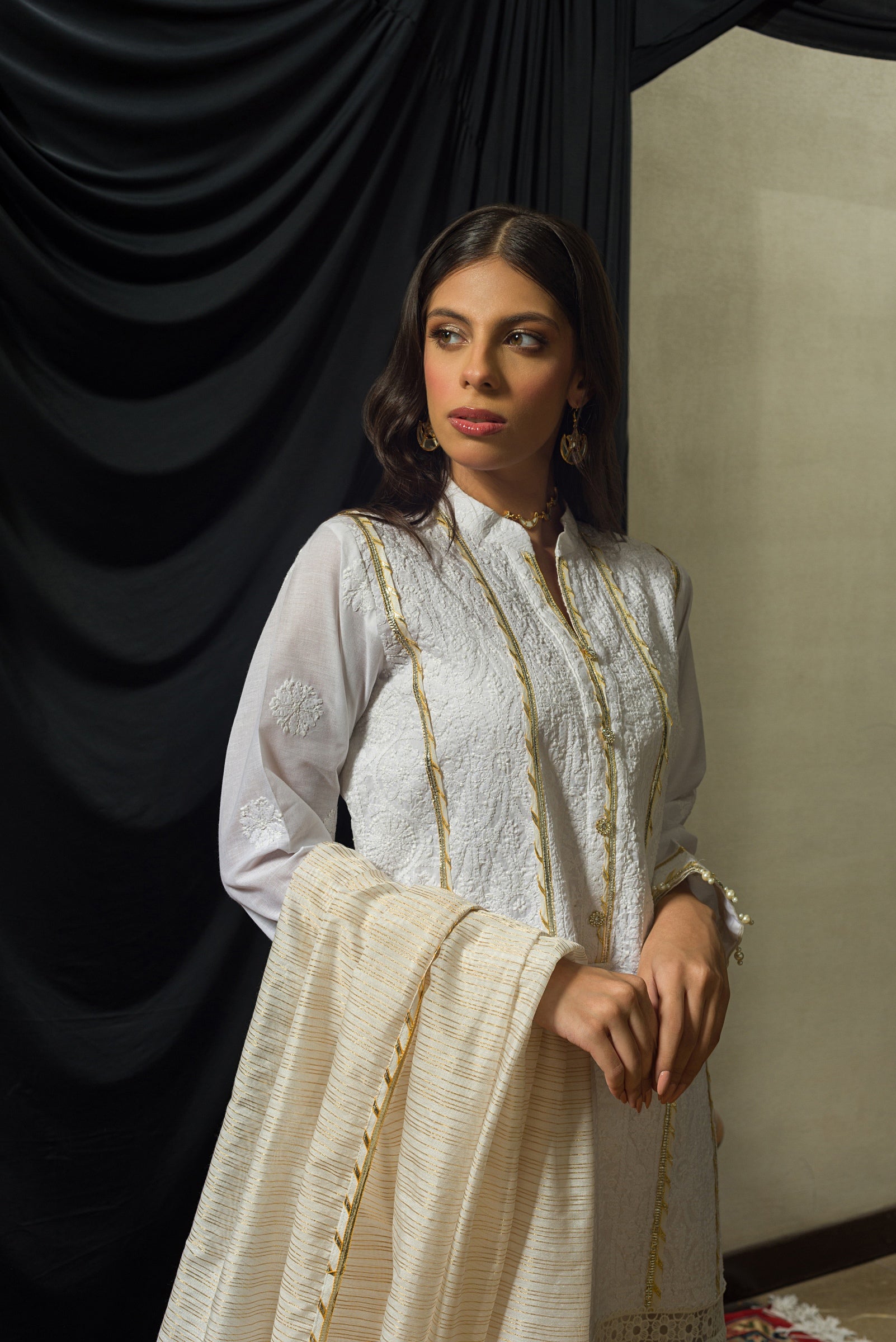 White & Dull Gold Chikankari Kurta & Dupatta