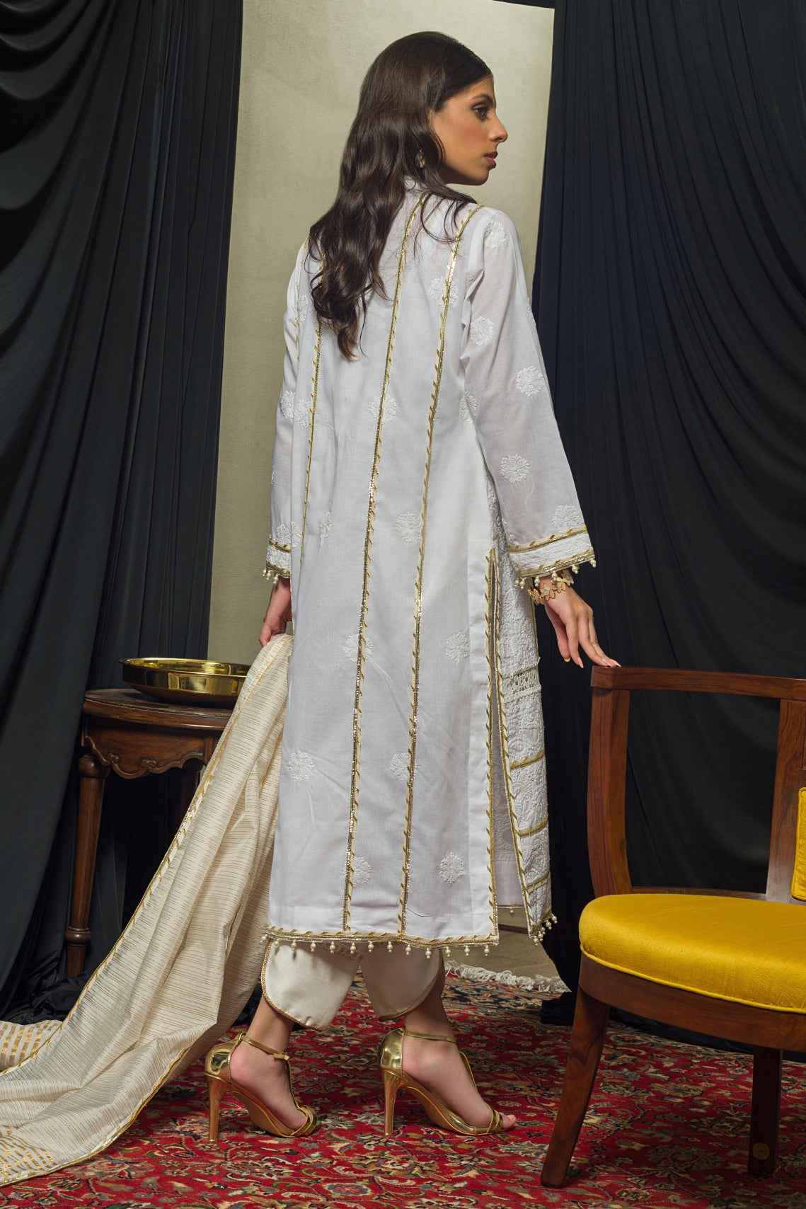 White & Dull Gold Chikankari Kurta & Dupatta