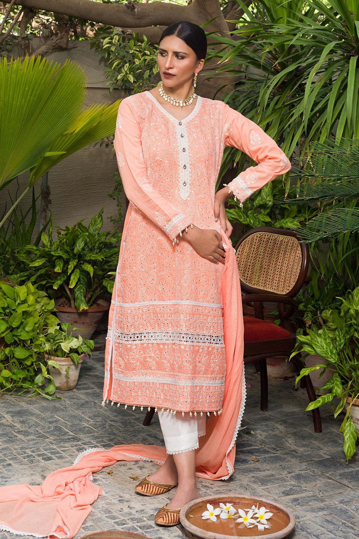 Aafrinish by Niazi Ekra Faiz Elegant Coral Chikankari and Mirror Work Kurta Nadir Toosy