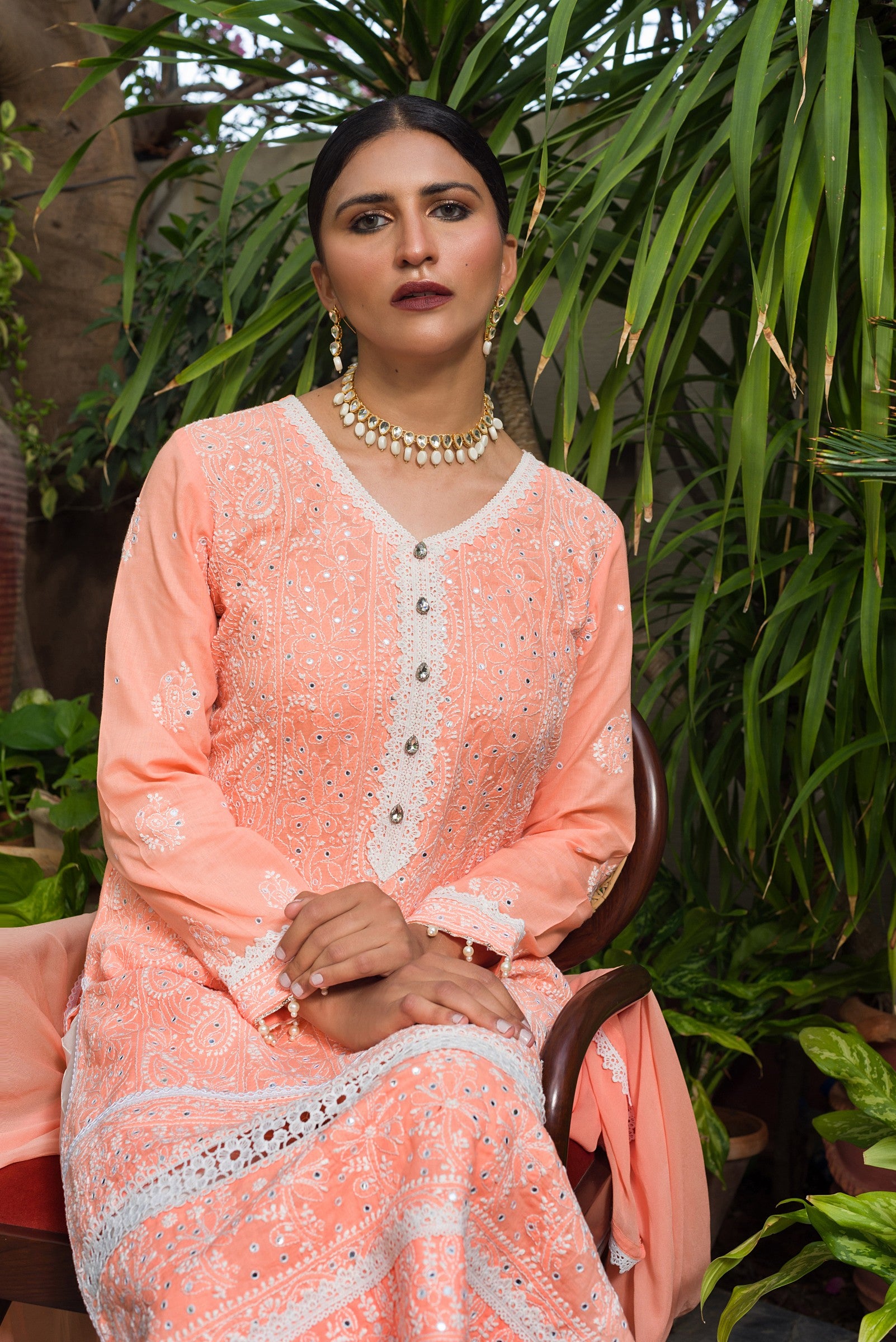 Aafrinish by Niazi Ekra Faiz Elegant Coral Chikankari and Mirror Work Kurta Nadir Toosy