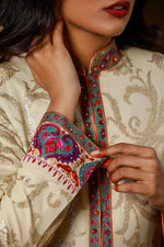 Load image into Gallery viewer, Aamna Ilyas Amna Jacket Embroidery Pakistan Fashion Aafrinish Offwhite Gold Sequins Handwork vibrant Resham Luxury dazzle glamour
